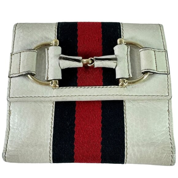GUCCI White Leather With Horsebit and Web Card Holder Wallet Made in Italy - Picture 1 of 13